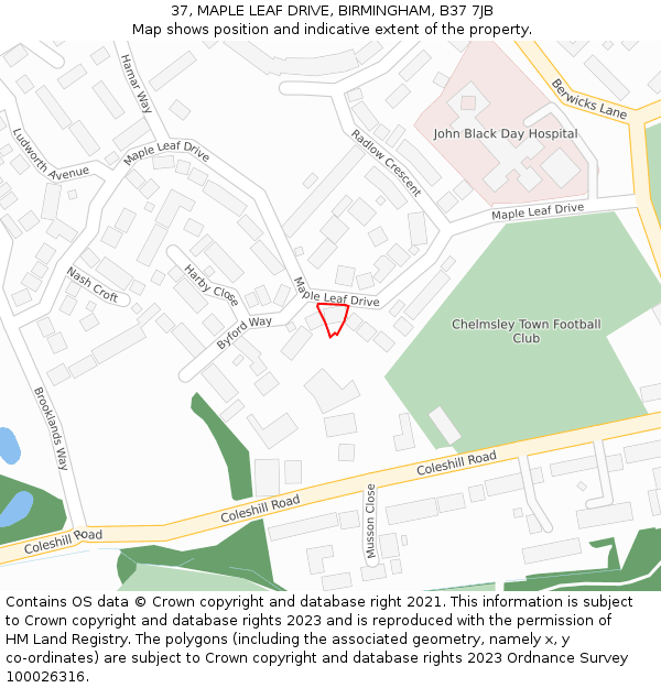 37, MAPLE LEAF DRIVE, BIRMINGHAM, B37 7JB: Location map and indicative extent of plot