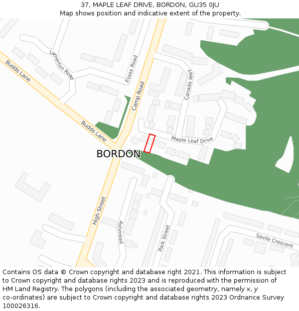 37, MAPLE LEAF DRIVE, BORDON, GU35 0JU: Location map and indicative extent of plot