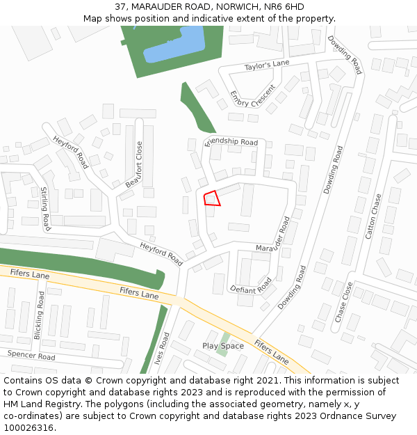 37, MARAUDER ROAD, NORWICH, NR6 6HD: Location map and indicative extent of plot