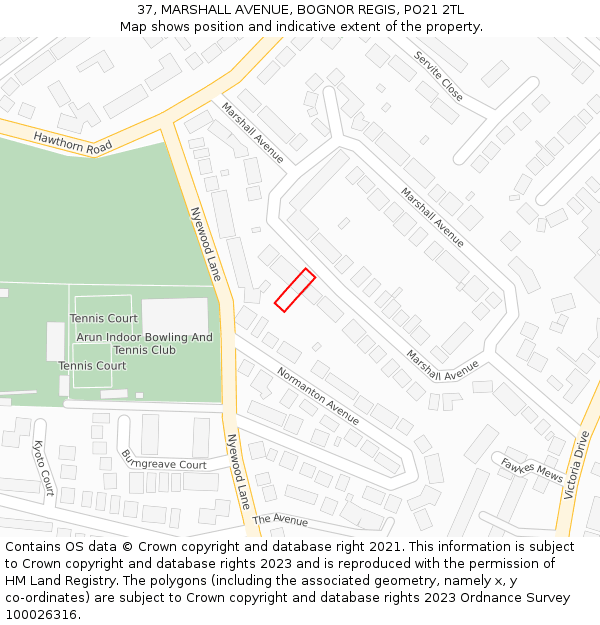 37, MARSHALL AVENUE, BOGNOR REGIS, PO21 2TL: Location map and indicative extent of plot