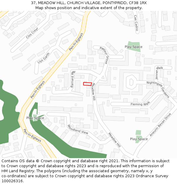 37, MEADOW HILL, CHURCH VILLAGE, PONTYPRIDD, CF38 1RX: Location map and indicative extent of plot