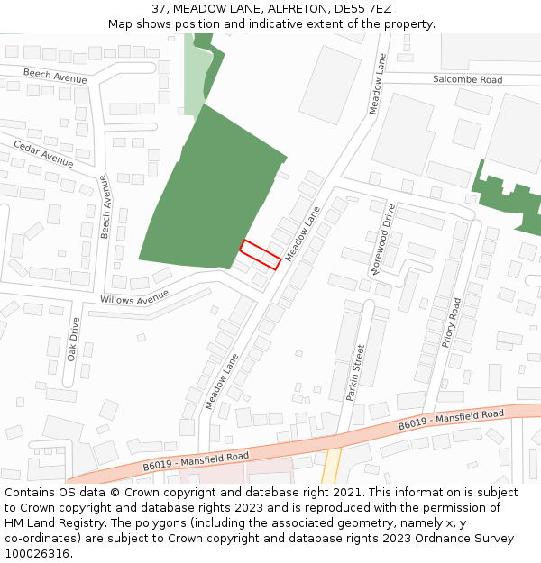 37, MEADOW LANE, ALFRETON, DE55 7EZ: Location map and indicative extent of plot