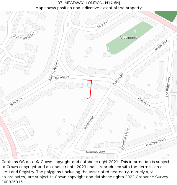 37, MEADWAY, LONDON, N14 6NJ: Location map and indicative extent of plot