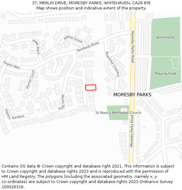 37, MERLIN DRIVE, MORESBY PARKS, WHITEHAVEN, CA28 8YE: Location map and indicative extent of plot