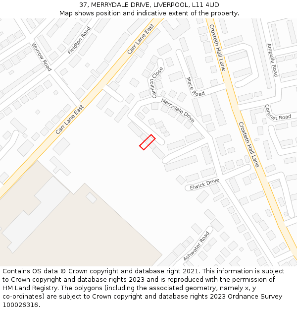 37, MERRYDALE DRIVE, LIVERPOOL, L11 4UD: Location map and indicative extent of plot