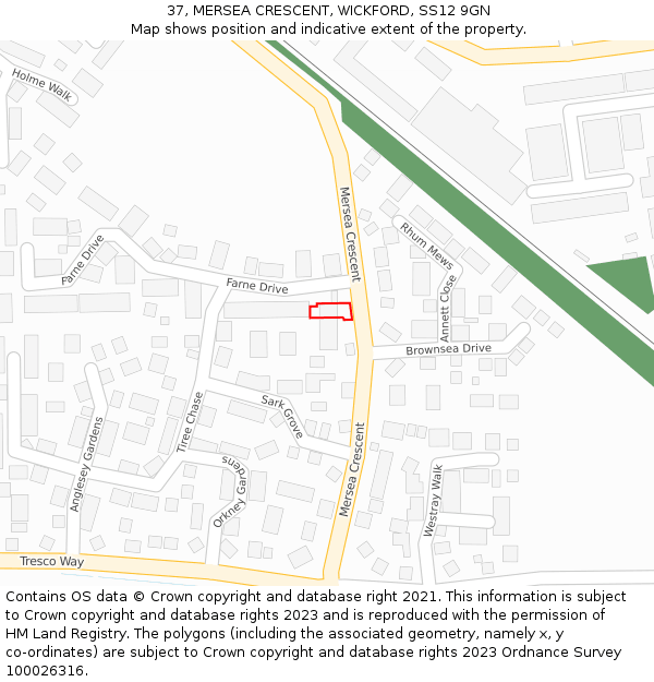 37, MERSEA CRESCENT, WICKFORD, SS12 9GN: Location map and indicative extent of plot