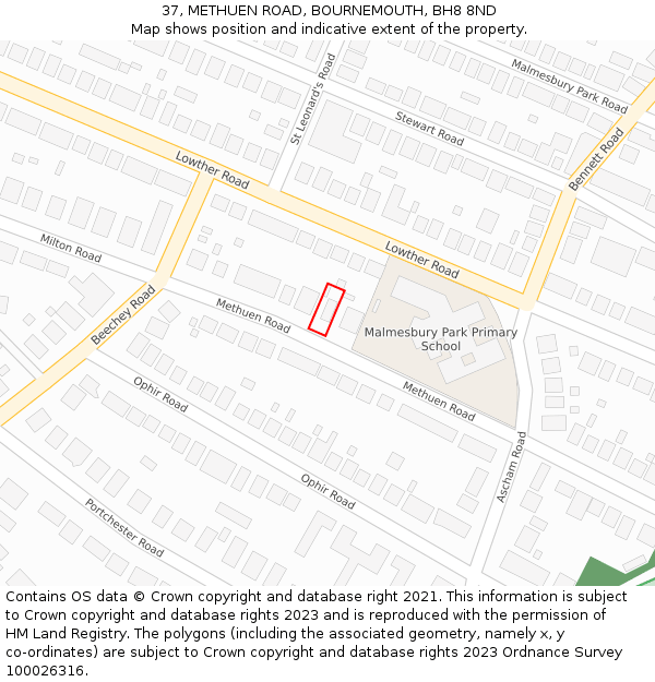 37, METHUEN ROAD, BOURNEMOUTH, BH8 8ND: Location map and indicative extent of plot