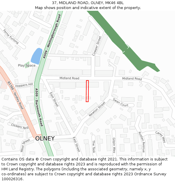 37, MIDLAND ROAD, OLNEY, MK46 4BL: Location map and indicative extent of plot