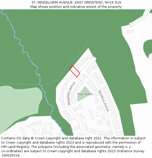 37, MINDELHEIM AVENUE, EAST GRINSTEAD, RH19 3US: Location map and indicative extent of plot