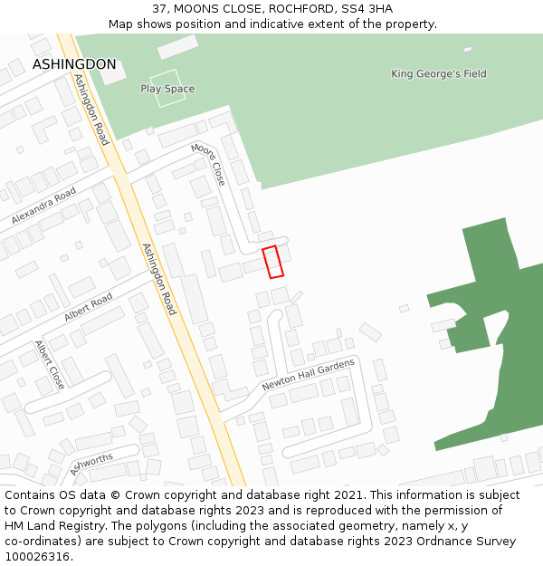 37, MOONS CLOSE, ROCHFORD, SS4 3HA: Location map and indicative extent of plot