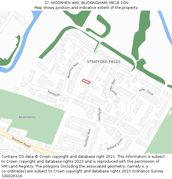 37, MOORHEN WAY, BUCKINGHAM, MK18 1GN: Location map and indicative extent of plot