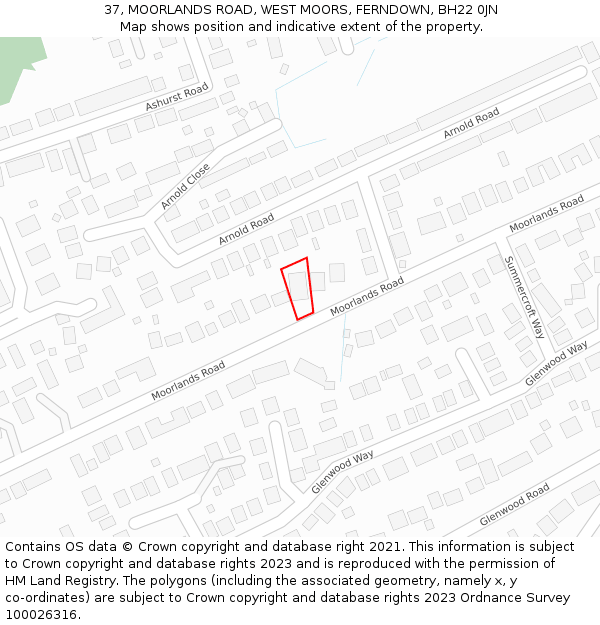 37, MOORLANDS ROAD, WEST MOORS, FERNDOWN, BH22 0JN: Location map and indicative extent of plot