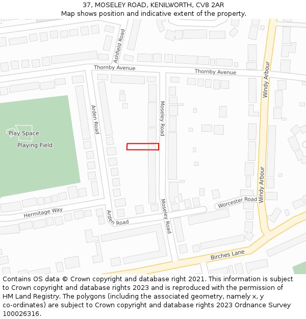 37, MOSELEY ROAD, KENILWORTH, CV8 2AR: Location map and indicative extent of plot