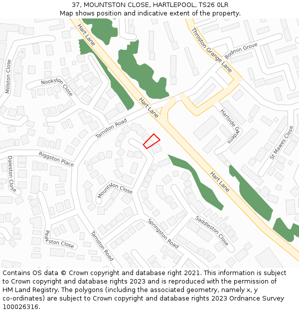 37, MOUNTSTON CLOSE, HARTLEPOOL, TS26 0LR: Location map and indicative extent of plot