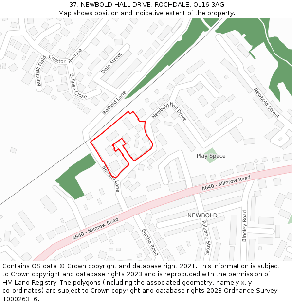 37, NEWBOLD HALL DRIVE, ROCHDALE, OL16 3AG: Location map and indicative extent of plot