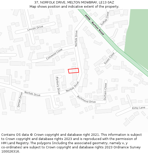 37, NORFOLK DRIVE, MELTON MOWBRAY, LE13 0AZ: Location map and indicative extent of plot