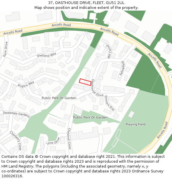 37, OASTHOUSE DRIVE, FLEET, GU51 2UL: Location map and indicative extent of plot