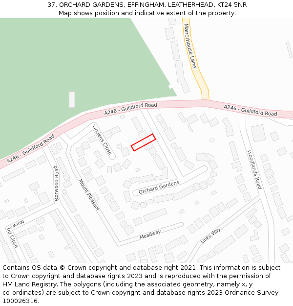 37, ORCHARD GARDENS, EFFINGHAM, LEATHERHEAD, KT24 5NR: Location map and indicative extent of plot