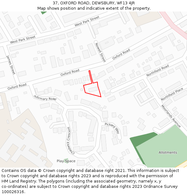 37, OXFORD ROAD, DEWSBURY, WF13 4JR: Location map and indicative extent of plot