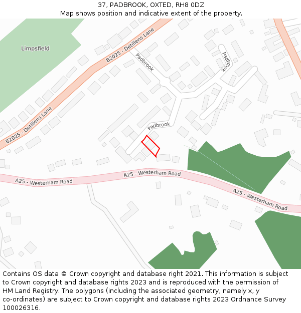 37, PADBROOK, OXTED, RH8 0DZ: Location map and indicative extent of plot