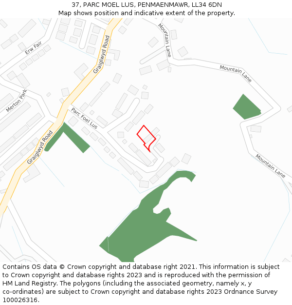 37, PARC MOEL LUS, PENMAENMAWR, LL34 6DN: Location map and indicative extent of plot