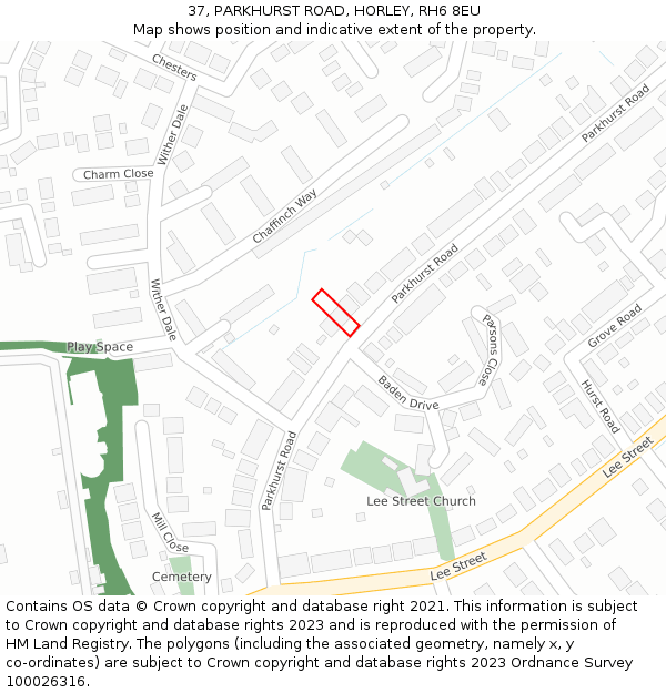 37, PARKHURST ROAD, HORLEY, RH6 8EU: Location map and indicative extent of plot