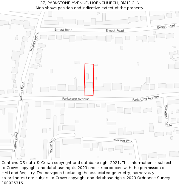 37, PARKSTONE AVENUE, HORNCHURCH, RM11 3LN: Location map and indicative extent of plot
