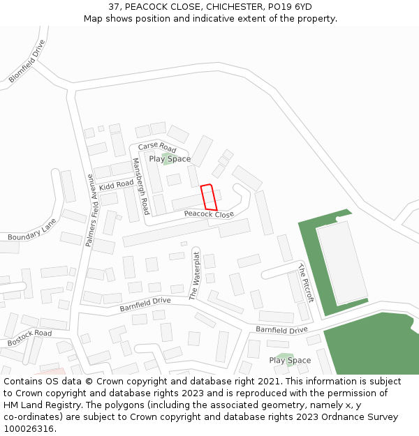 37, PEACOCK CLOSE, CHICHESTER, PO19 6YD: Location map and indicative extent of plot