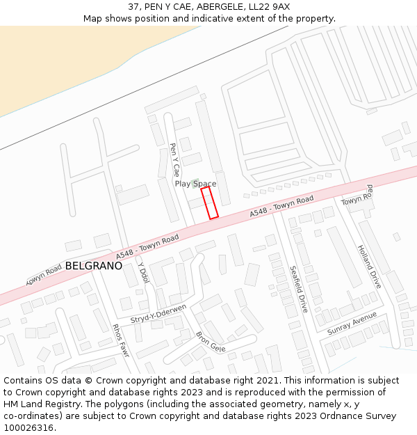 37, PEN Y CAE, ABERGELE, LL22 9AX: Location map and indicative extent of plot