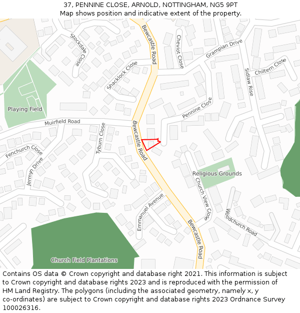 37, PENNINE CLOSE, ARNOLD, NOTTINGHAM, NG5 9PT: Location map and indicative extent of plot