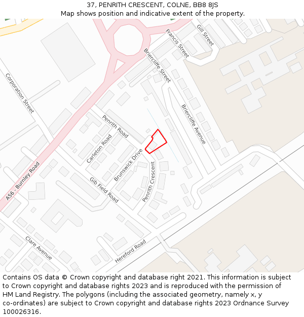 37, PENRITH CRESCENT, COLNE, BB8 8JS: Location map and indicative extent of plot