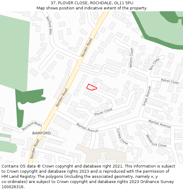 37, PLOVER CLOSE, ROCHDALE, OL11 5PU: Location map and indicative extent of plot
