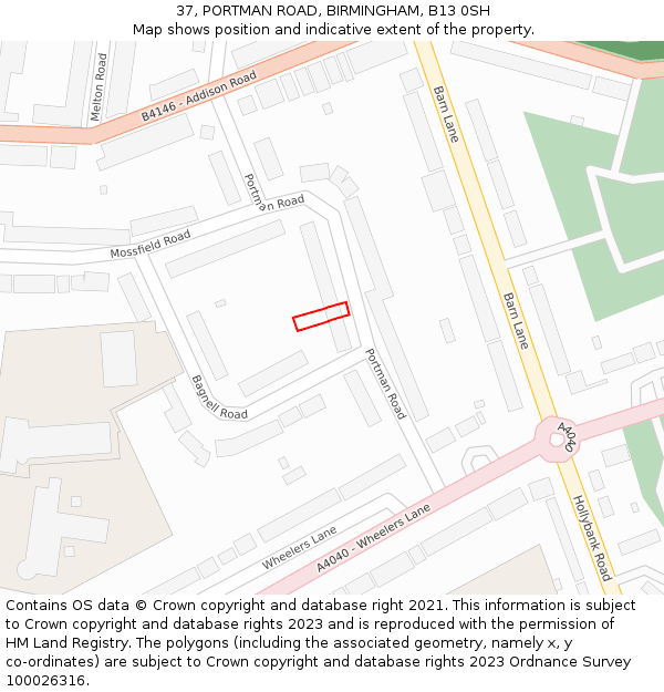 37, PORTMAN ROAD, BIRMINGHAM, B13 0SH: Location map and indicative extent of plot