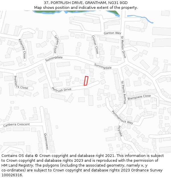 37, PORTRUSH DRIVE, GRANTHAM, NG31 9GD: Location map and indicative extent of plot