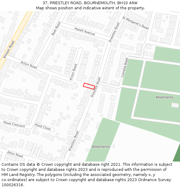 37, PRIESTLEY ROAD, BOURNEMOUTH, BH10 4AW: Location map and indicative extent of plot