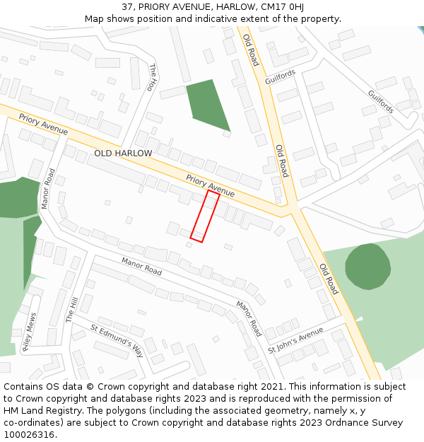 37, PRIORY AVENUE, HARLOW, CM17 0HJ: Location map and indicative extent of plot