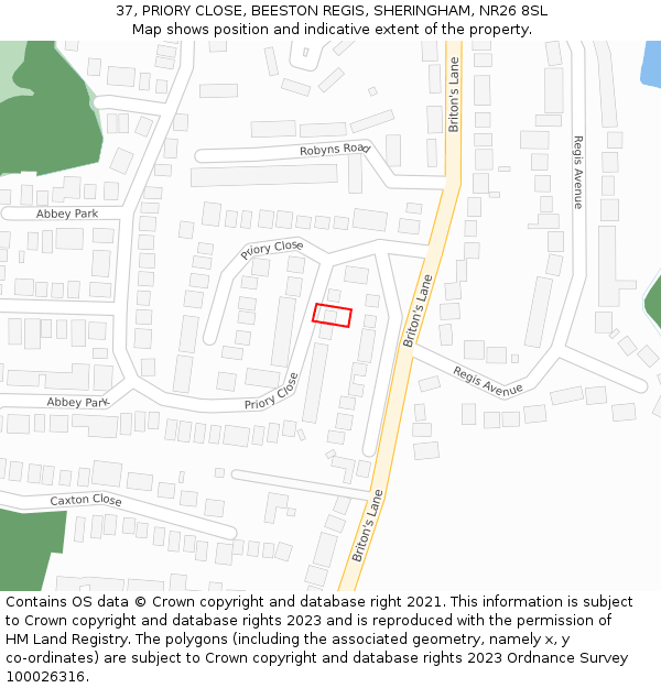 37, PRIORY CLOSE, BEESTON REGIS, SHERINGHAM, NR26 8SL: Location map and indicative extent of plot