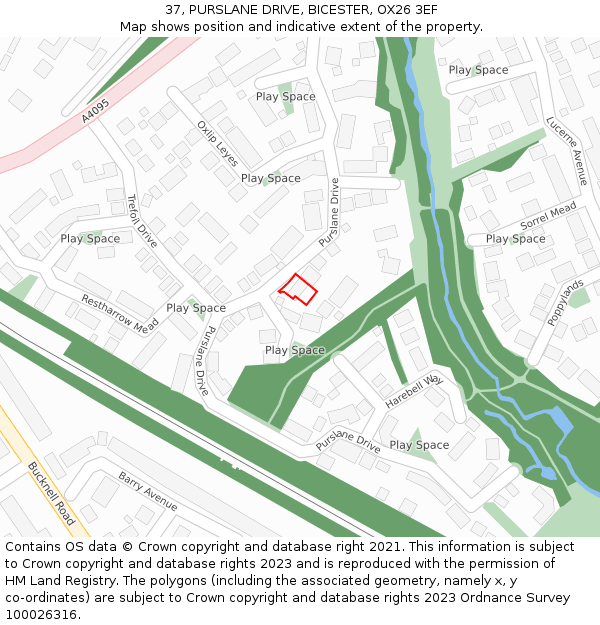 37, PURSLANE DRIVE, BICESTER, OX26 3EF: Location map and indicative extent of plot