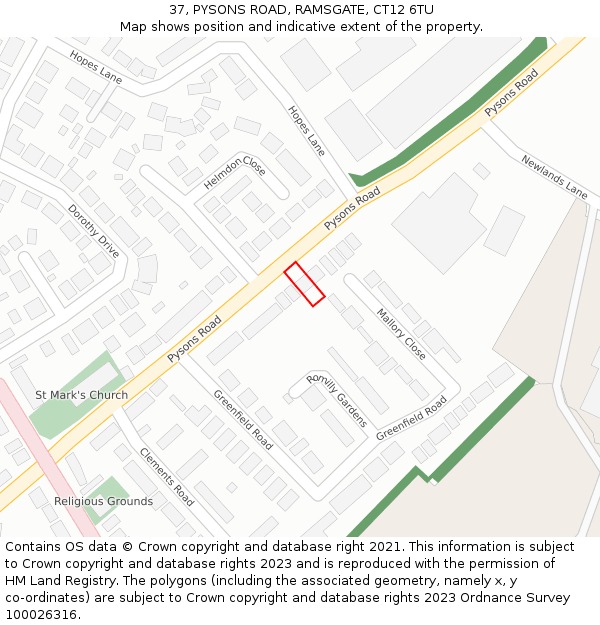 37, PYSONS ROAD, RAMSGATE, CT12 6TU: Location map and indicative extent of plot