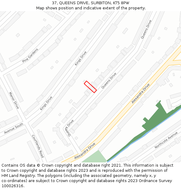 37, QUEENS DRIVE, SURBITON, KT5 8PW: Location map and indicative extent of plot