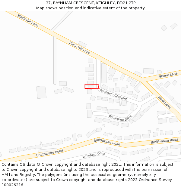 37, RAYNHAM CRESCENT, KEIGHLEY, BD21 2TP: Location map and indicative extent of plot