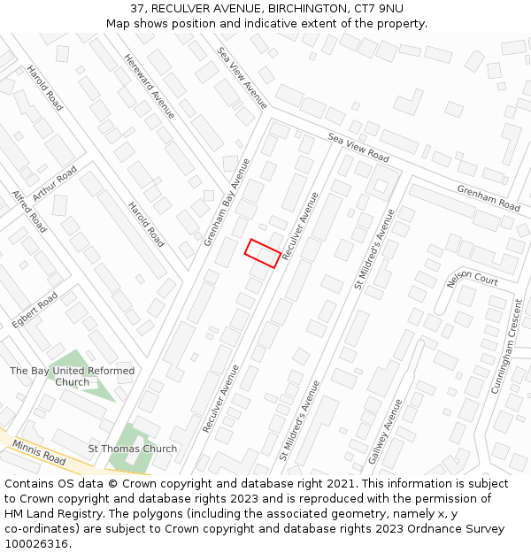 37, RECULVER AVENUE, BIRCHINGTON, CT7 9NU: Location map and indicative extent of plot