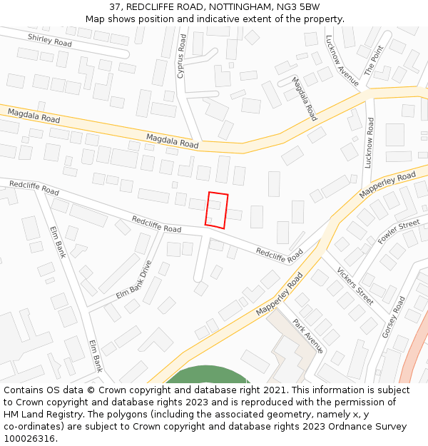 37, REDCLIFFE ROAD, NOTTINGHAM, NG3 5BW: Location map and indicative extent of plot