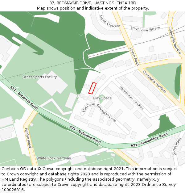 37, REDMAYNE DRIVE, HASTINGS, TN34 1RD: Location map and indicative extent of plot