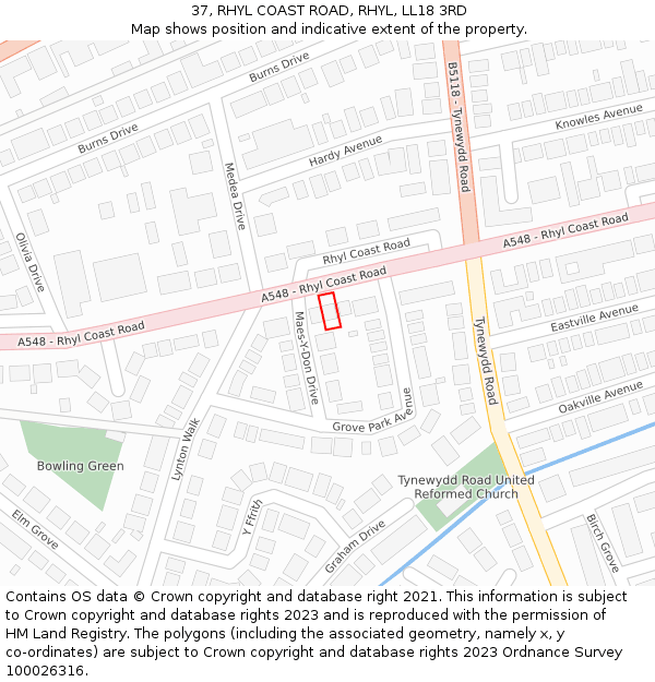 37, RHYL COAST ROAD, RHYL, LL18 3RD: Location map and indicative extent of plot