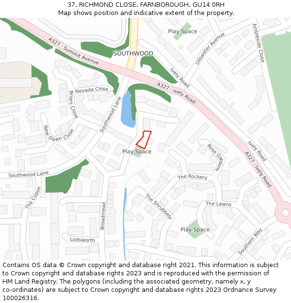 37, RICHMOND CLOSE, FARNBOROUGH, GU14 0RH: Location map and indicative extent of plot