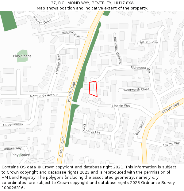 37, RICHMOND WAY, BEVERLEY, HU17 8XA: Location map and indicative extent of plot