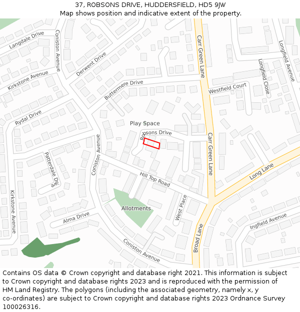 37, ROBSONS DRIVE, HUDDERSFIELD, HD5 9JW: Location map and indicative extent of plot