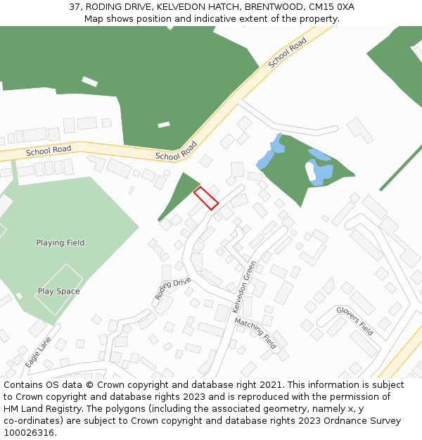 37, RODING DRIVE, KELVEDON HATCH, BRENTWOOD, CM15 0XA: Location map and indicative extent of plot