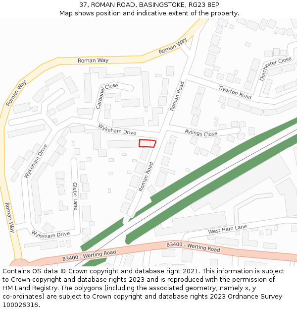 37, ROMAN ROAD, BASINGSTOKE, RG23 8EP: Location map and indicative extent of plot